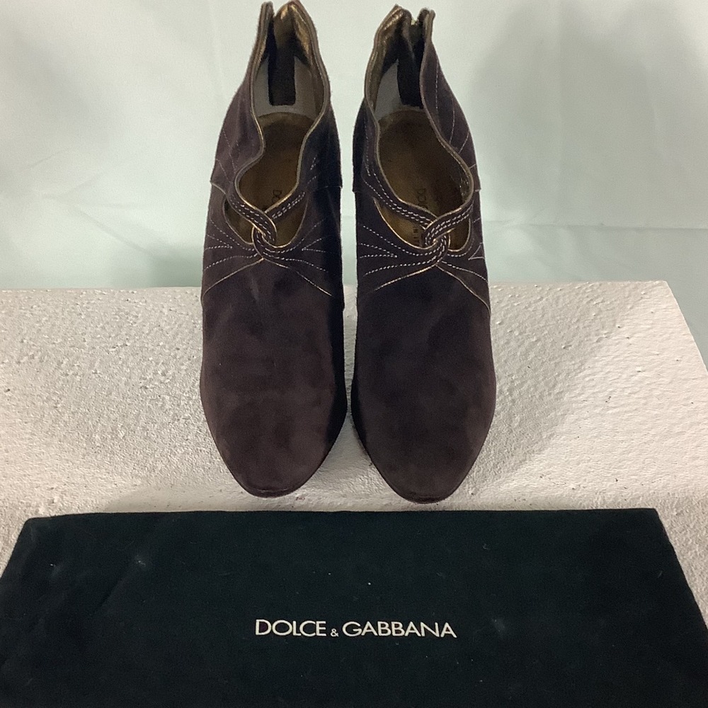 Dolce & Gabbana Brown Suede Gold Piping Ankle Boots Stiletto Heel IT 37.5 US 7.5